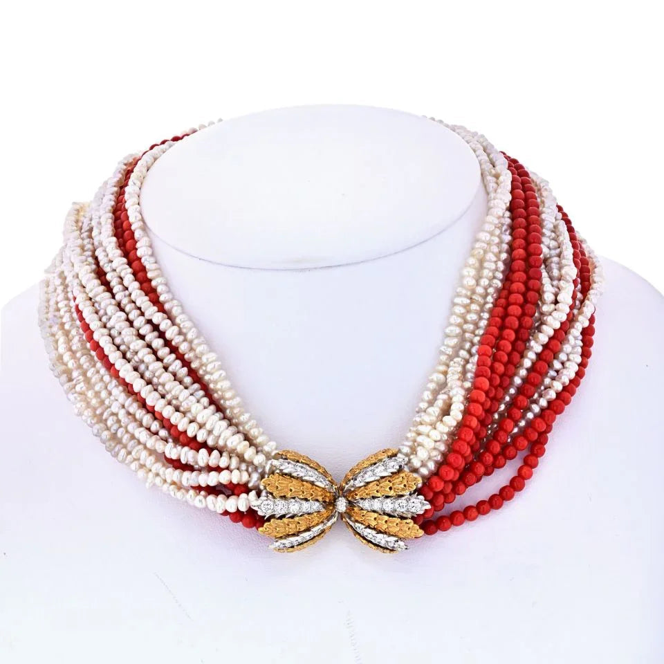 Buccellati 18K Yellow Gold 16 String Coral, Pearl Diamond Clasp Necklace — Laura Milman New York
