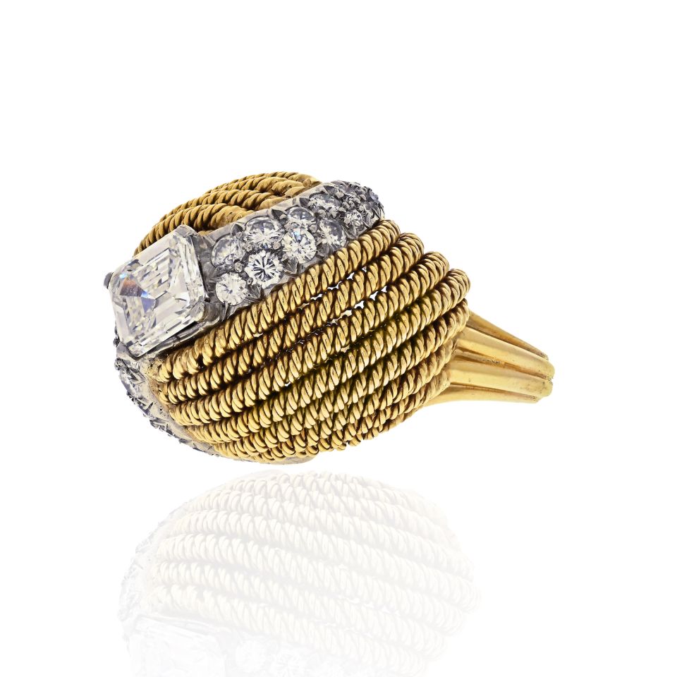 David Webb Platinum & 18K Yellow Gold 2.13 Carat Emerald Cut Turban Diamond Ring — view 2 — Laura Milman New York