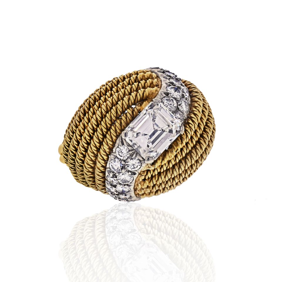 David Webb Platinum & 18K Yellow Gold 2.13 Carat Emerald Cut Turban Diamond Ring — Laura Milman New York