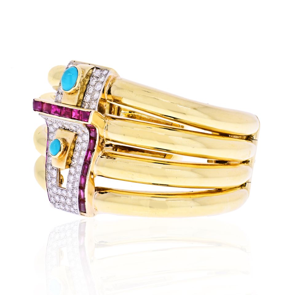 David Webb Platinum & 18K Yellow Gold 1960's Diamond, Ruby And Turquoise Bangle Bracelet — view 2 — Laura Milman New York