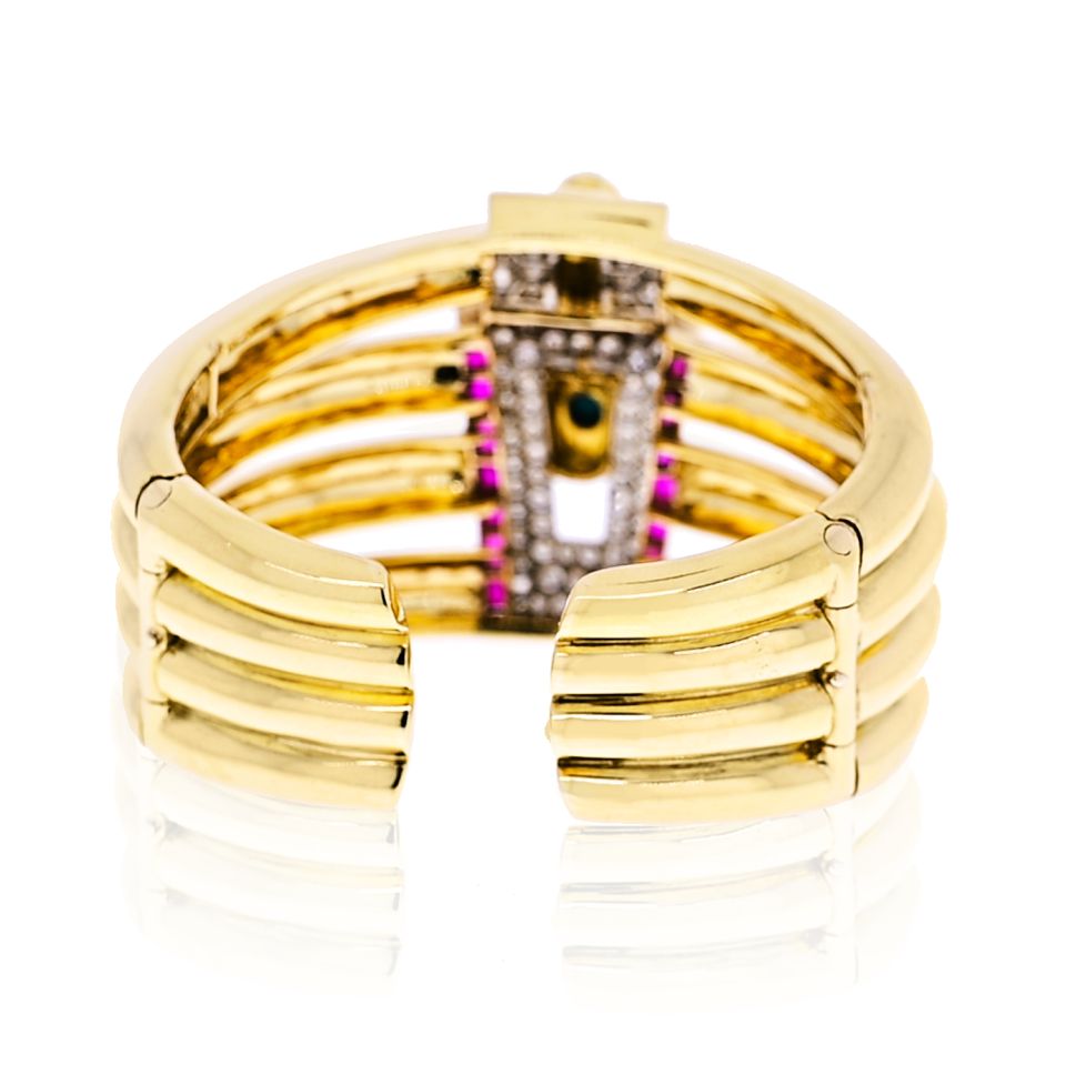 David Webb Platinum & 18K Yellow Gold 1960's Diamond, Ruby And Turquoise Bangle Bracelet — view 4 — Laura Milman New York