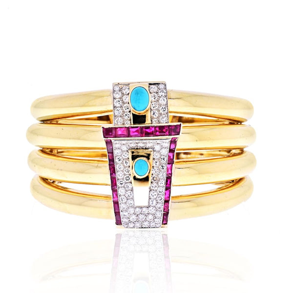 David Webb Platinum & 18K Yellow Gold 1960's Diamond, Ruby And Turquoise Bangle Bracelet