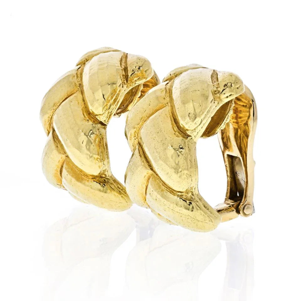 David Webb 18K Yellow Gold Hammered Braid Huggie Earrings — view 2 — Laura Milman New York