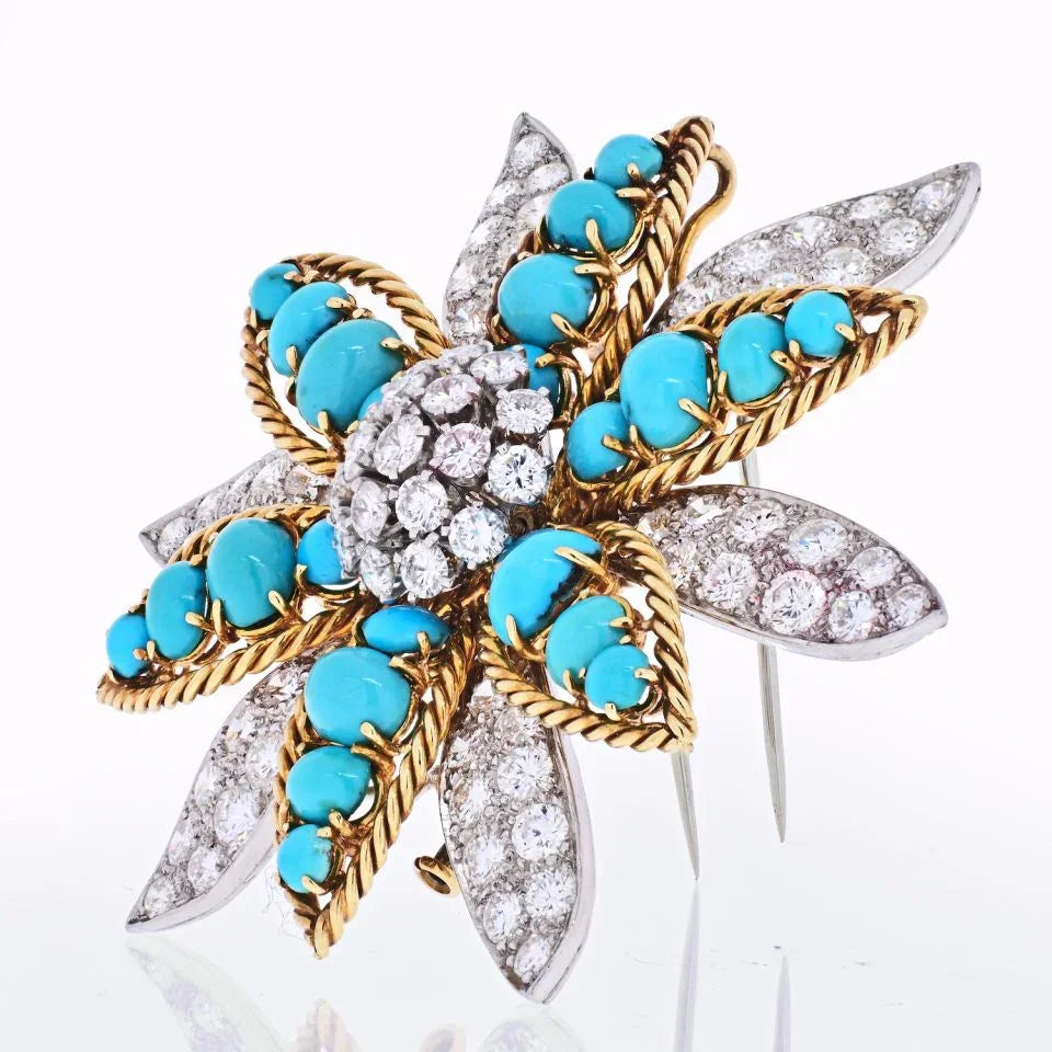 David Webb Platinum & 18K Yellow Gold Turquoise, Diamond Flower Brooch — view 2 — Laura Milman New York