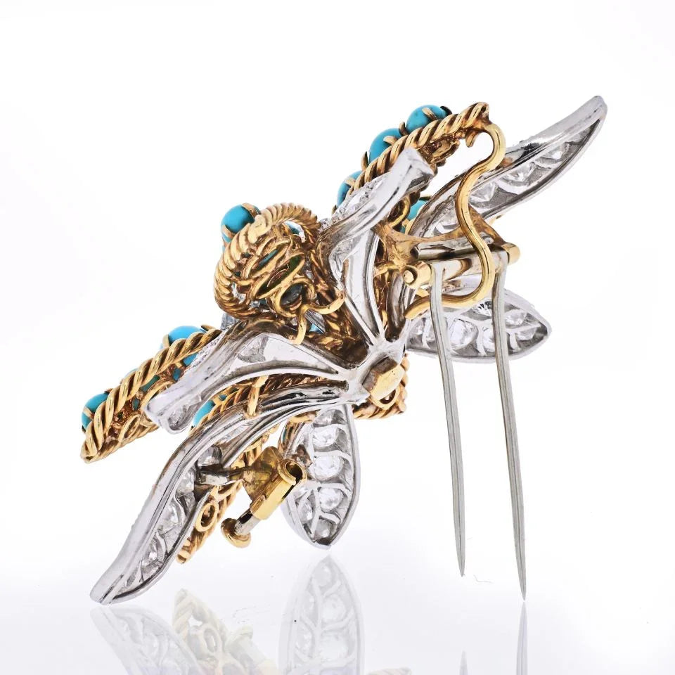 David Webb Platinum & 18K Yellow Gold Turquoise, Diamond Flower Brooch — view 3 — Laura Milman New York
