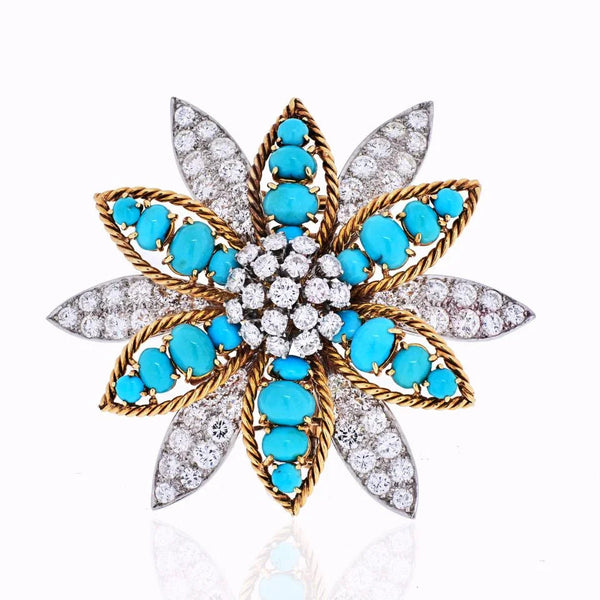 David Webb Platinum & 18K Yellow Gold Turquoise, Diamond Flower Brooch