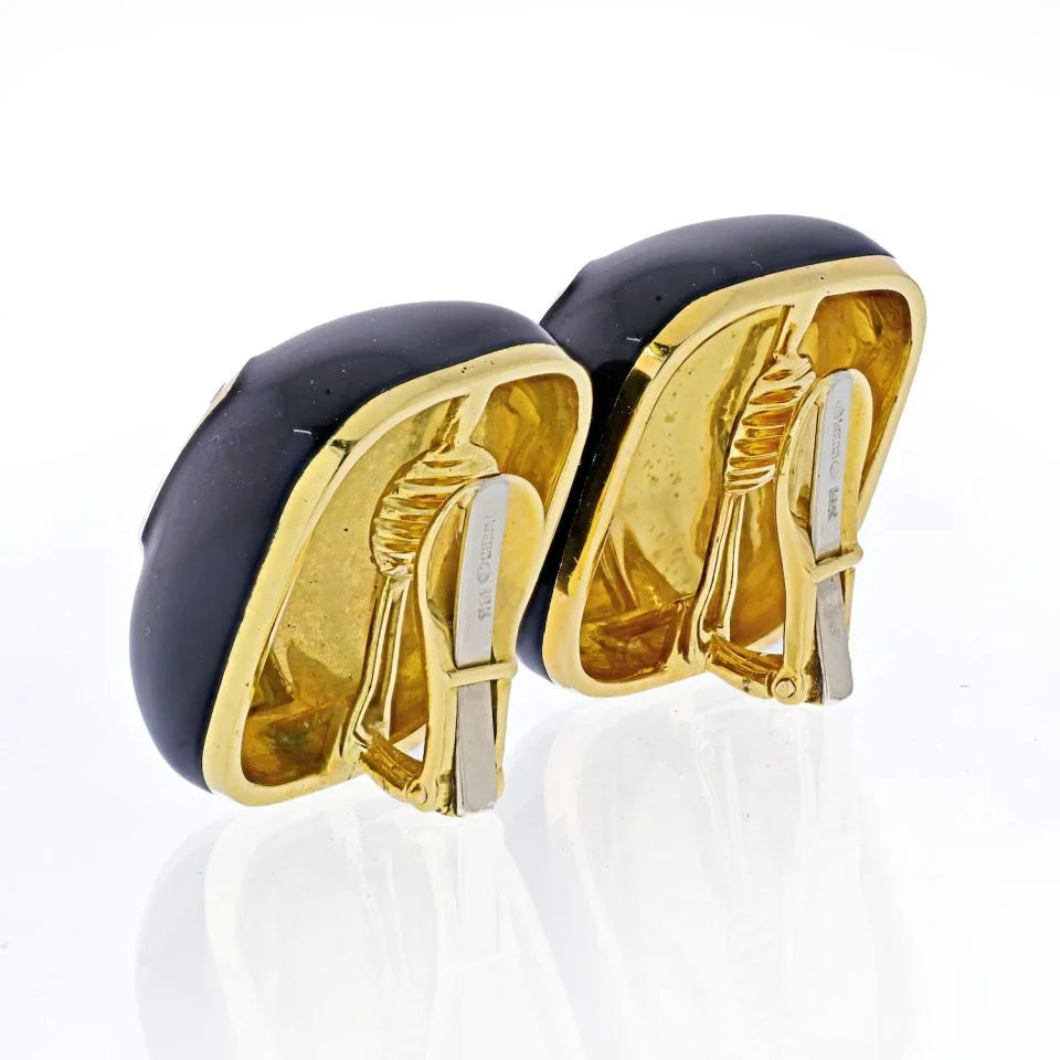 David Webb Platinum & 18K Yellow Gold Black Enamel Cushion Clip-On Earrings — view 3 — Laura Milman New York