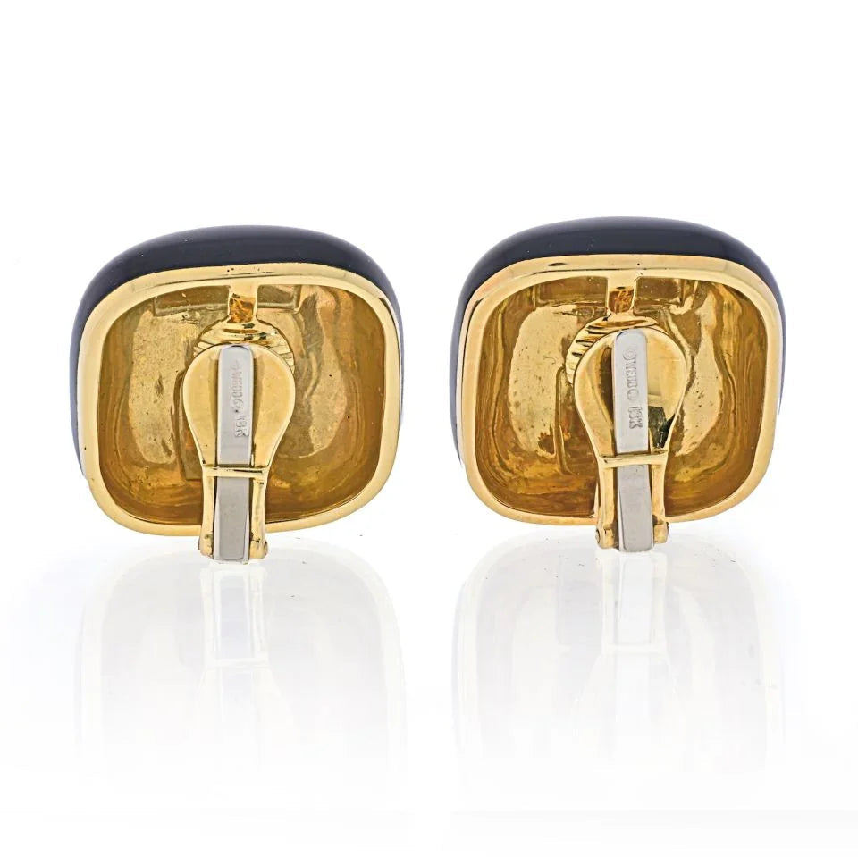 David Webb Platinum & 18K Yellow Gold Black Enamel Cushion Clip-On Earrings — view 4 — Laura Milman New York