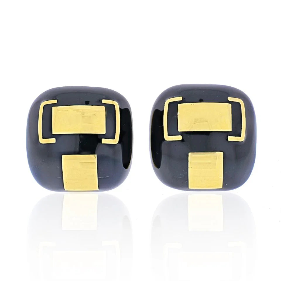 David Webb Platinum & 18K Yellow Gold Black Enamel Cushion Clip-On Earrings — Laura Milman New York