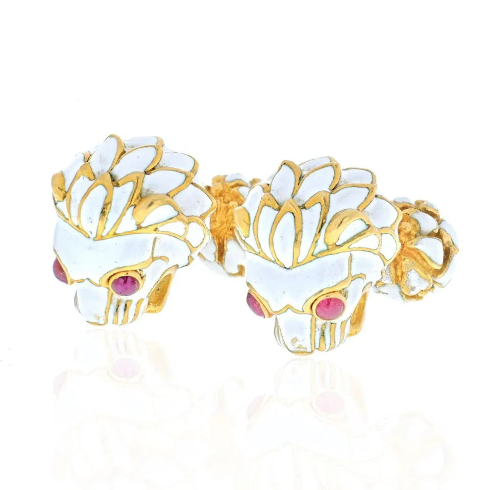 David Webb Platinum & 18K Yellow Gold White Enamel Lion Ruby Eyes Cuff Links — view 2 — Laura Milman New York
