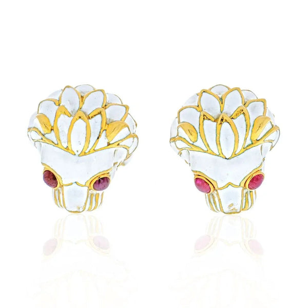 David Webb Platinum & 18K Yellow Gold White Enamel Lion Ruby Eyes Cuff Links