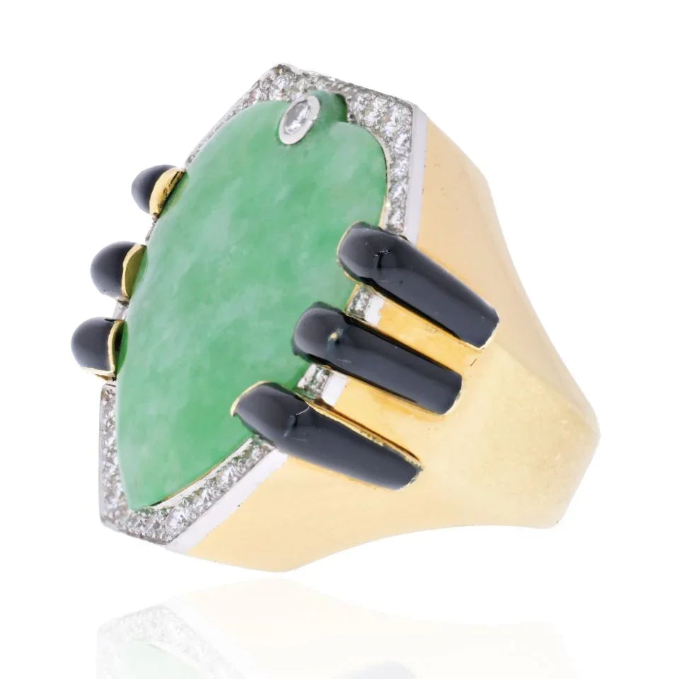 David Webb 18K Yellow Gold Jade, Diamond, Black Enamel Statement Ring — view 2 — Laura Milman New York