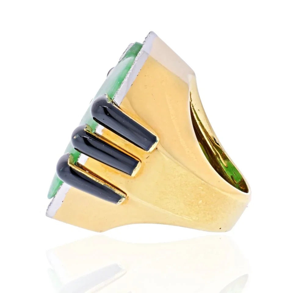 David Webb 18K Yellow Gold Jade, Diamond, Black Enamel Statement Ring — view 3 — Laura Milman New York