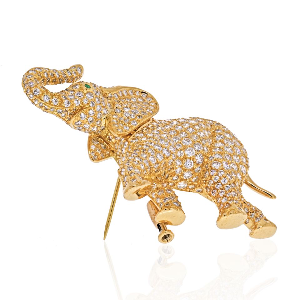 Cartier 18K Yellow Gold Diamond Elephant Brooch with 3ct Pavé Diamonds