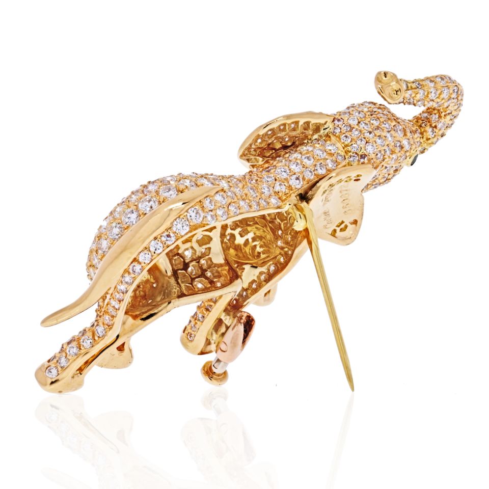 Cartier 18K Yellow Gold Diamond Elephant Brooch with 3ct Pavé Diamonds