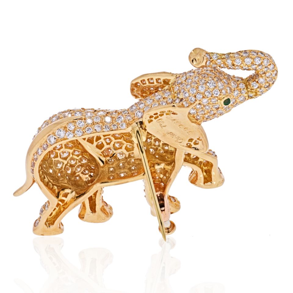 Cartier 18K Yellow Gold Diamond Elephant Brooch with 3ct Pavé Diamonds