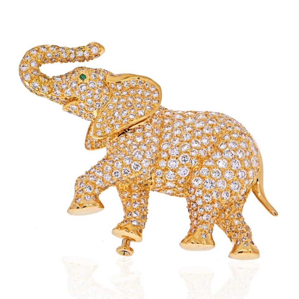 Cartier 18K Yellow Gold Diamond Elephant Brooch with 3ct Pavé Diamonds