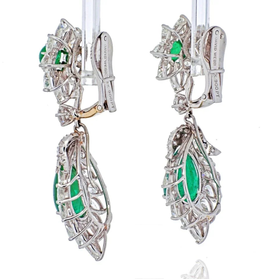 David Webb Platinum 1970's Green Emerald And Diamond Hanging Earrings — view 3 — Laura Milman New York