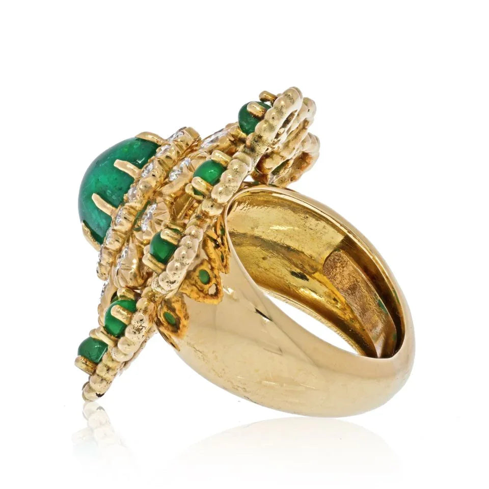 David Webb 18K Yellow Gold Green Emerald Diamond Flower Ring — view 3 — Laura Milman New York