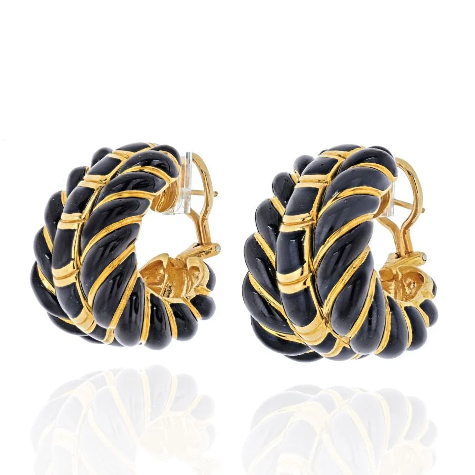 David Webb 18K Yellow Gold Black Enamel Fluted Shrimp Earrings — view 2 — Laura Milman New York