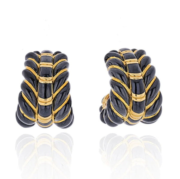 David Webb 18K Yellow Gold Black Enamel Fluted Shrimp Earrings