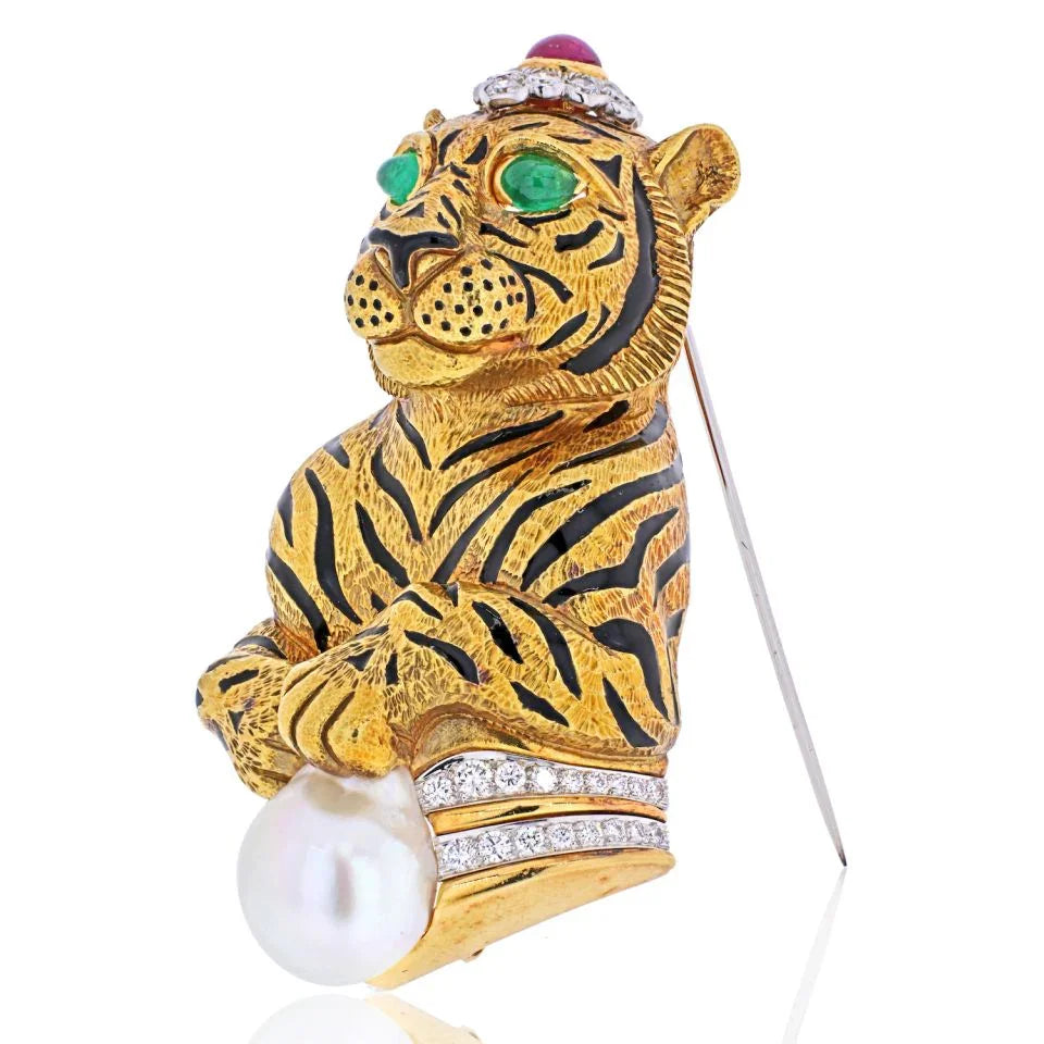 David Webb Platinum & 18K Yellow Gold Black Striped Tiger With Emerald Ruby Pearl Brooch — view 2 — Laura Milman New York