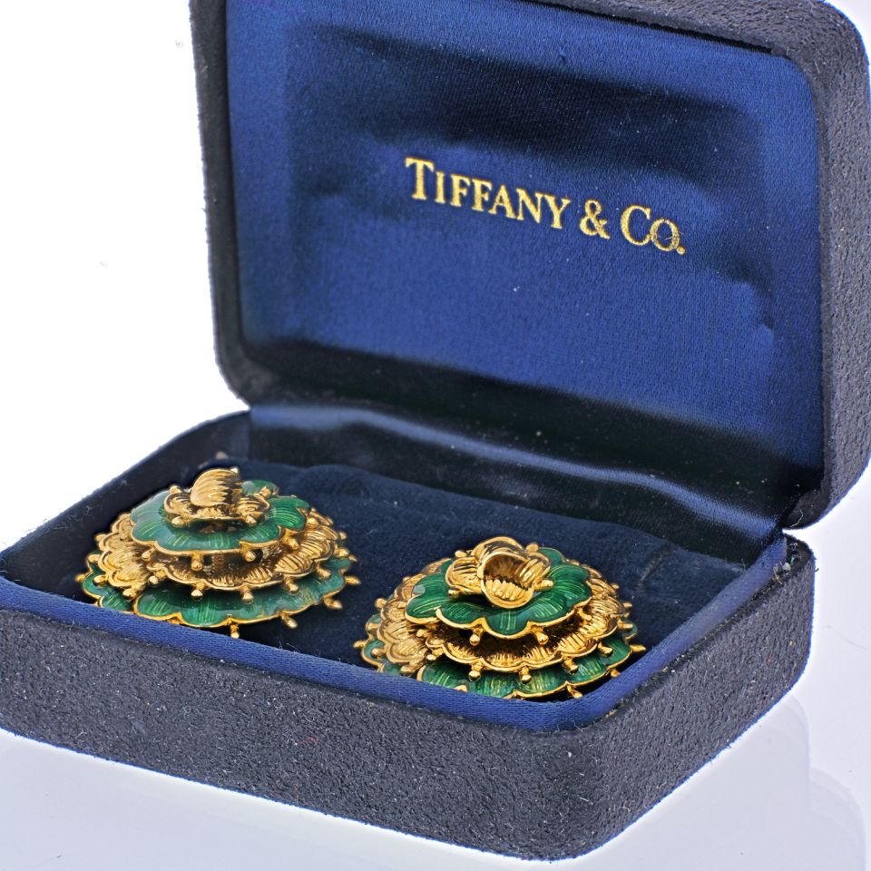 Tiffany 18K Gold Floral Mid-Century Omega Back Earrings 36g