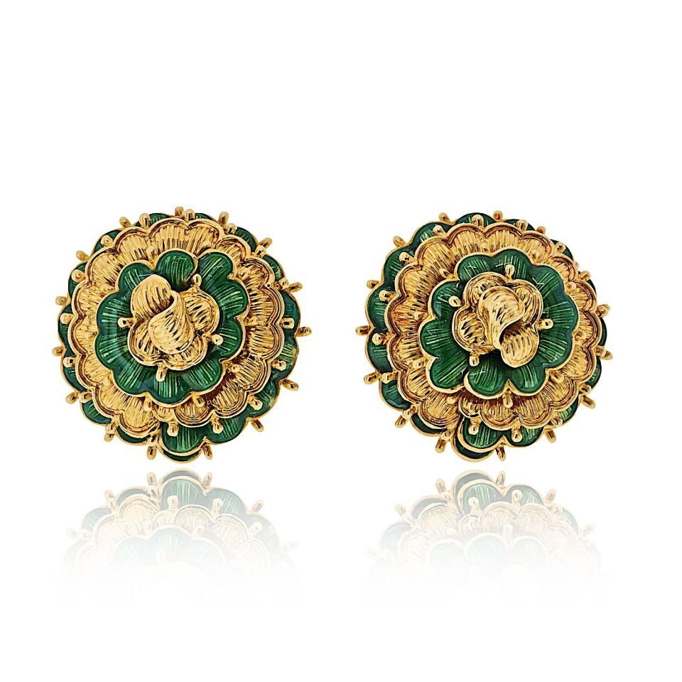 Tiffany 18K Gold Floral Mid-Century Omega Back Earrings 36g