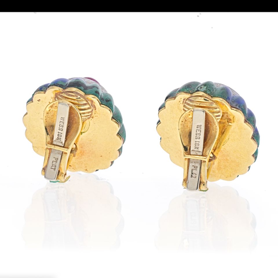 David Webb 18K Yellow Gold Azurite-Malachite, Ruby, Diamond Earrings — view 4 — Laura Milman New York