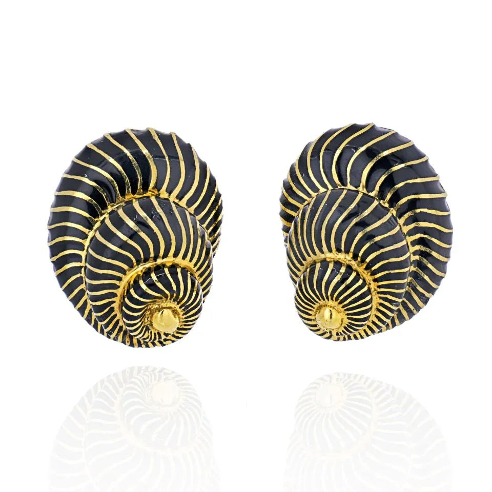 David Webb Platinum & 18K Yellow Gold Black Enamel Seashell Earrings — Laura Milman New York
