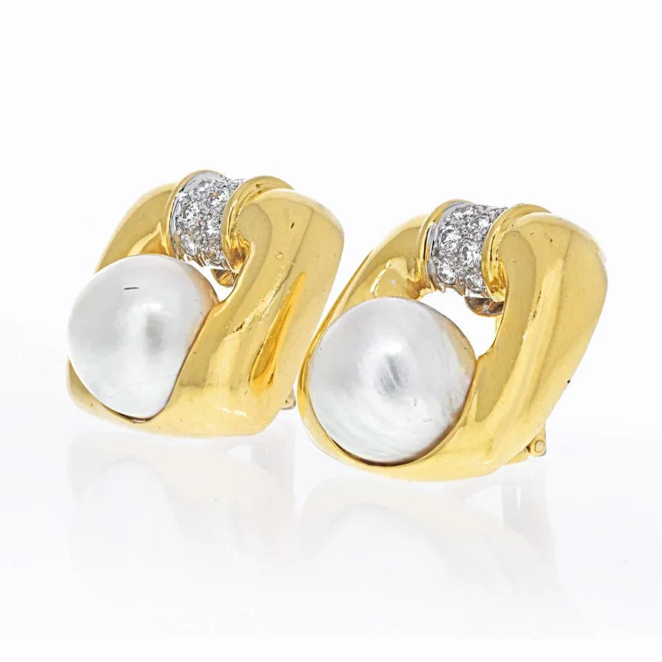 David Webb Platinum & 18K Yellow Gold Soft Cushion Shaped Pearl And Diamond Earrings — view 2 — Laura Milman New York