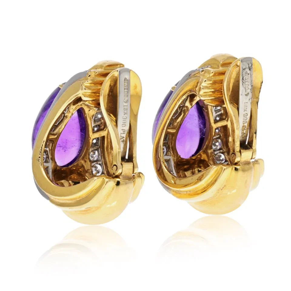 David Webb Platinum & 18K Yellow Gold Amethyst Teardrop Clip Earrings — view 3 — Laura Milman New York