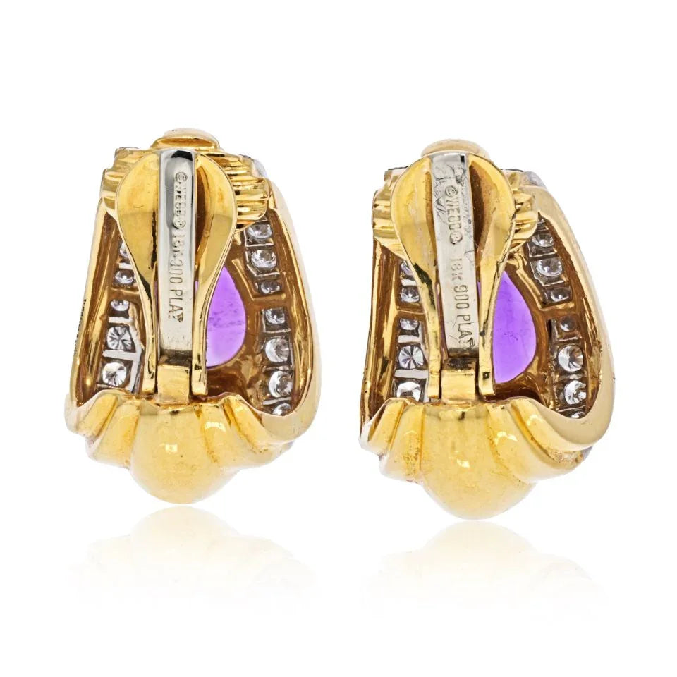 David Webb Platinum & 18K Yellow Gold Amethyst Teardrop Clip Earrings — view 4 — Laura Milman New York