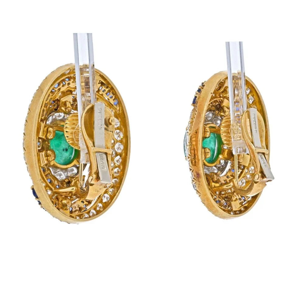 David Webb Platinum & 18K Yellow Gold Bombe Highly Decorated Diamond, Sapphire And Emerald Clip Earrings — view 3 — Laura Milman New York