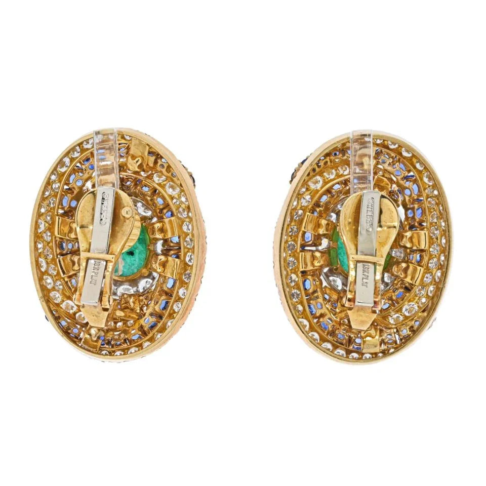 David Webb Platinum & 18K Yellow Gold Bombe Highly Decorated Diamond, Sapphire And Emerald Clip Earrings — view 4 — Laura Milman New York