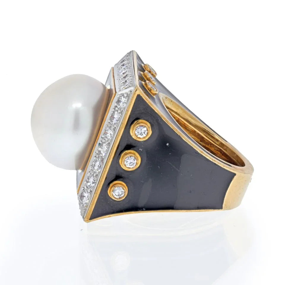 David Webb Platinum & 18K Yellow Gold Black Enamel, Pearl And Diamond Ring — view 2 — Laura Milman New York