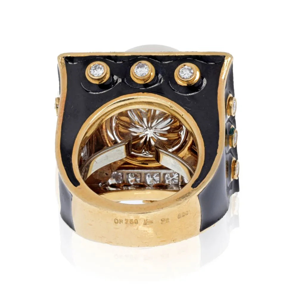 David Webb Platinum & 18K Yellow Gold Black Enamel, Pearl And Diamond Ring — view 4 — Laura Milman New York