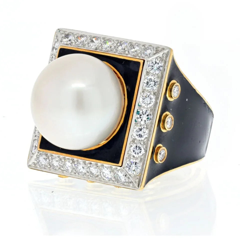 David Webb Platinum & 18K Yellow Gold Black Enamel, Pearl And Diamond Ring — Laura Milman New York
