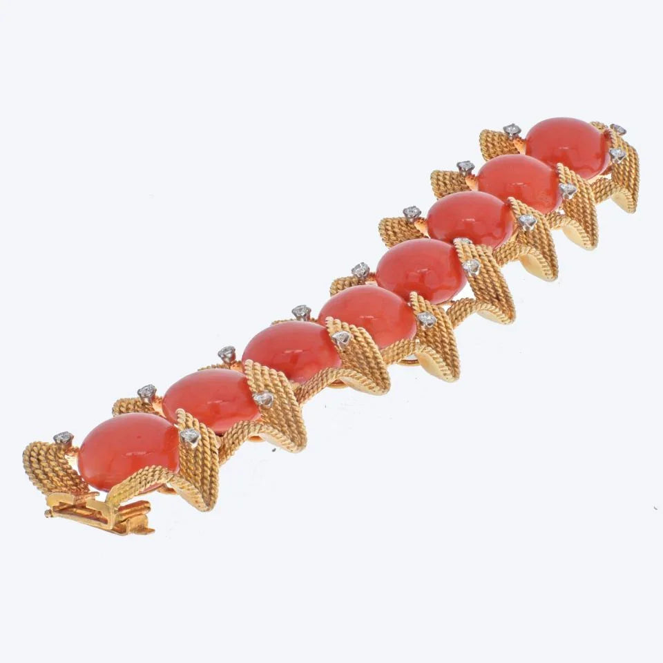 David Webb 18K Yellow Gold Coral And Diamond 1960's Bracelet — view 3 — Laura Milman New York