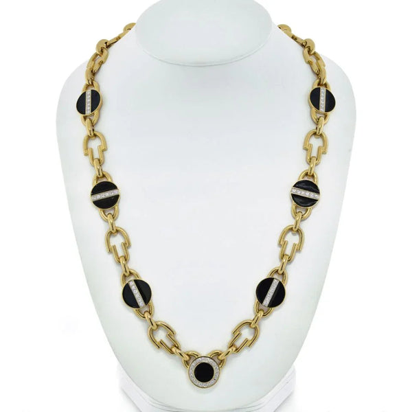 David Webb Yellow Gold Link Black Enamel Diamond Chain Necklace — view 2