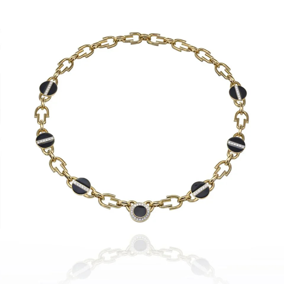 David Webb Yellow Gold Link Black Enamel Diamond Chain Necklace — Laura Milman New York