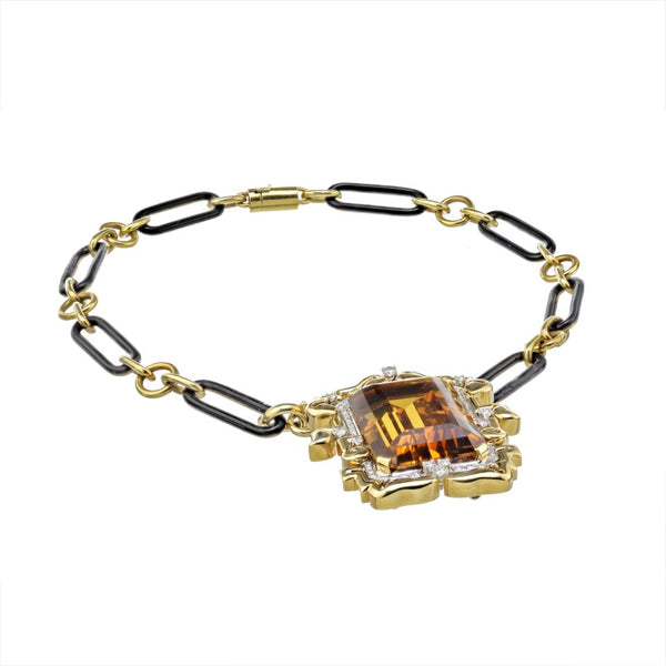 David Webb Platinum & 18K Yellow Gold Large Topaz And Diamond Pendant On A Black Enamel Chain Necklace — view 2