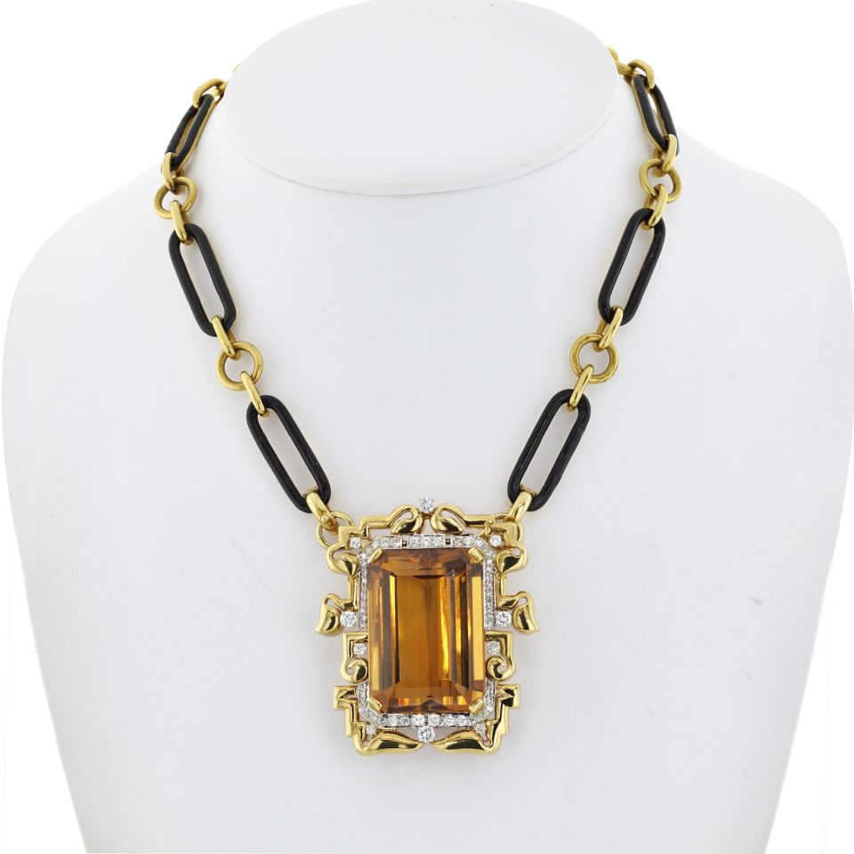 David Webb Platinum & 18K Yellow Gold Large Topaz And Diamond Pendant On A Black Enamel Chain Necklace — view 3 — Laura Milman New York
