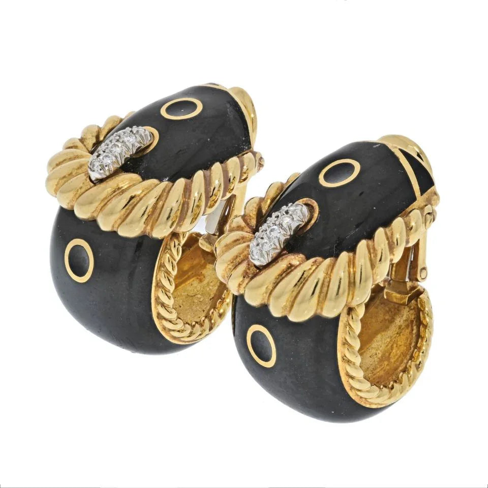 David Webb Gold Black Enamel Diamond Signature Earrings — view 2 — Laura Milman New York