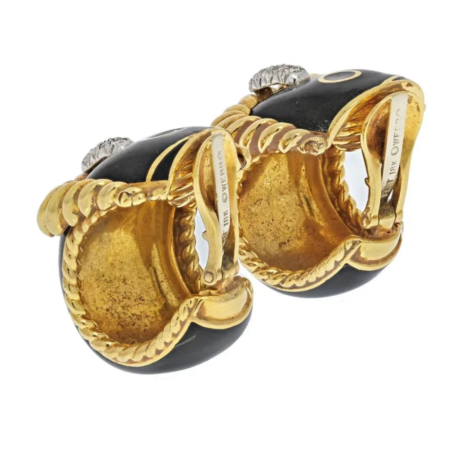 David Webb Gold Black Enamel Diamond Signature Earrings — view 3 — Laura Milman New York