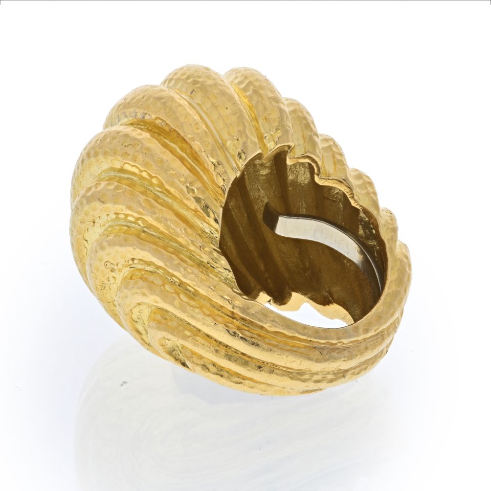 David Webb Platinum & 18K Yellow Gold Hammered Domed Rigid Style Ring — view 3 — Laura Milman New York
