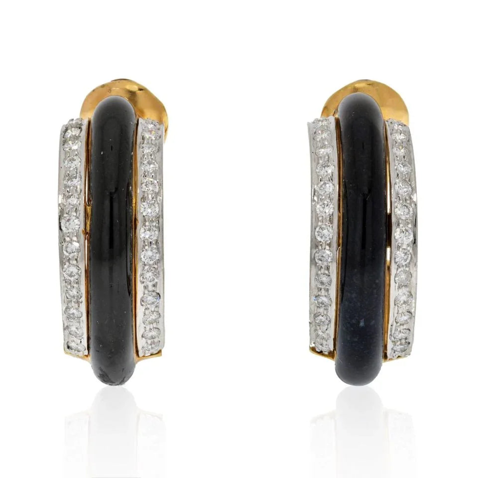 David Webb Platinum & 18K Yellow Gold Black Enamel Diamond Hoop Earrings — Laura Milman New York