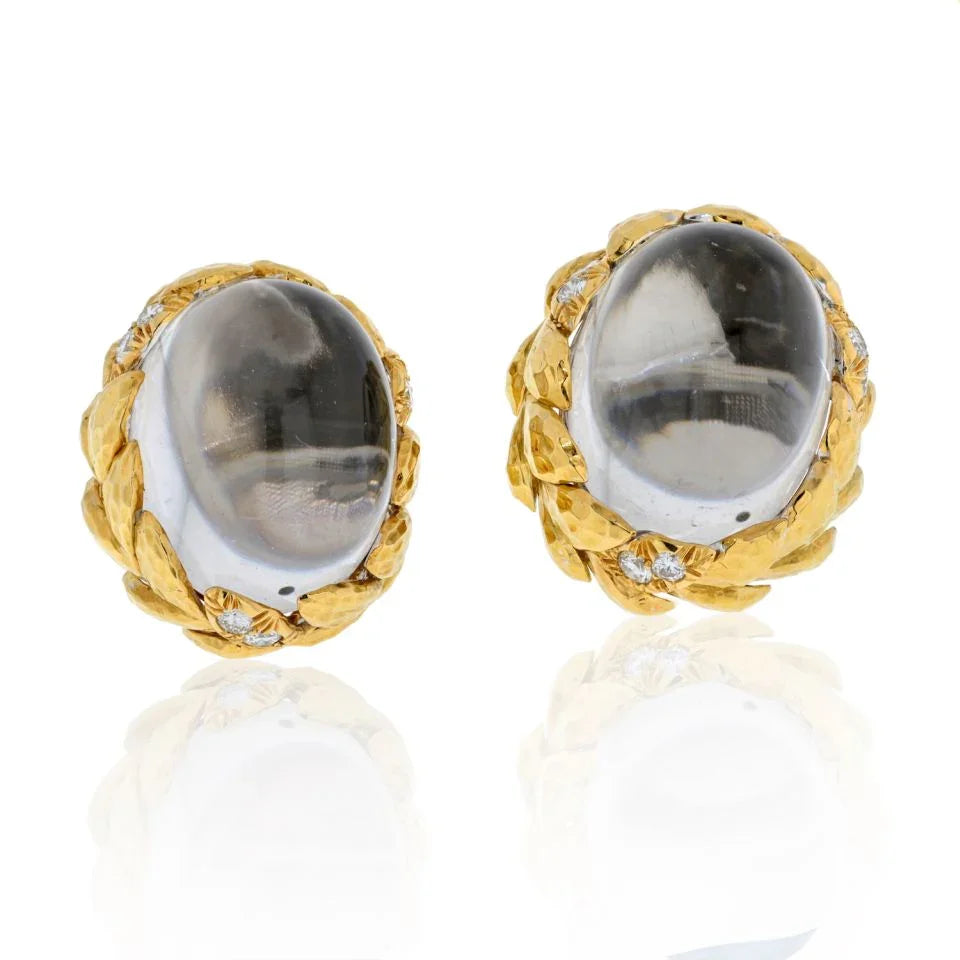 David Webb Platinum & 18K Yellow Gold Domed Rock Crystal Diamond Earrings — Laura Milman New York