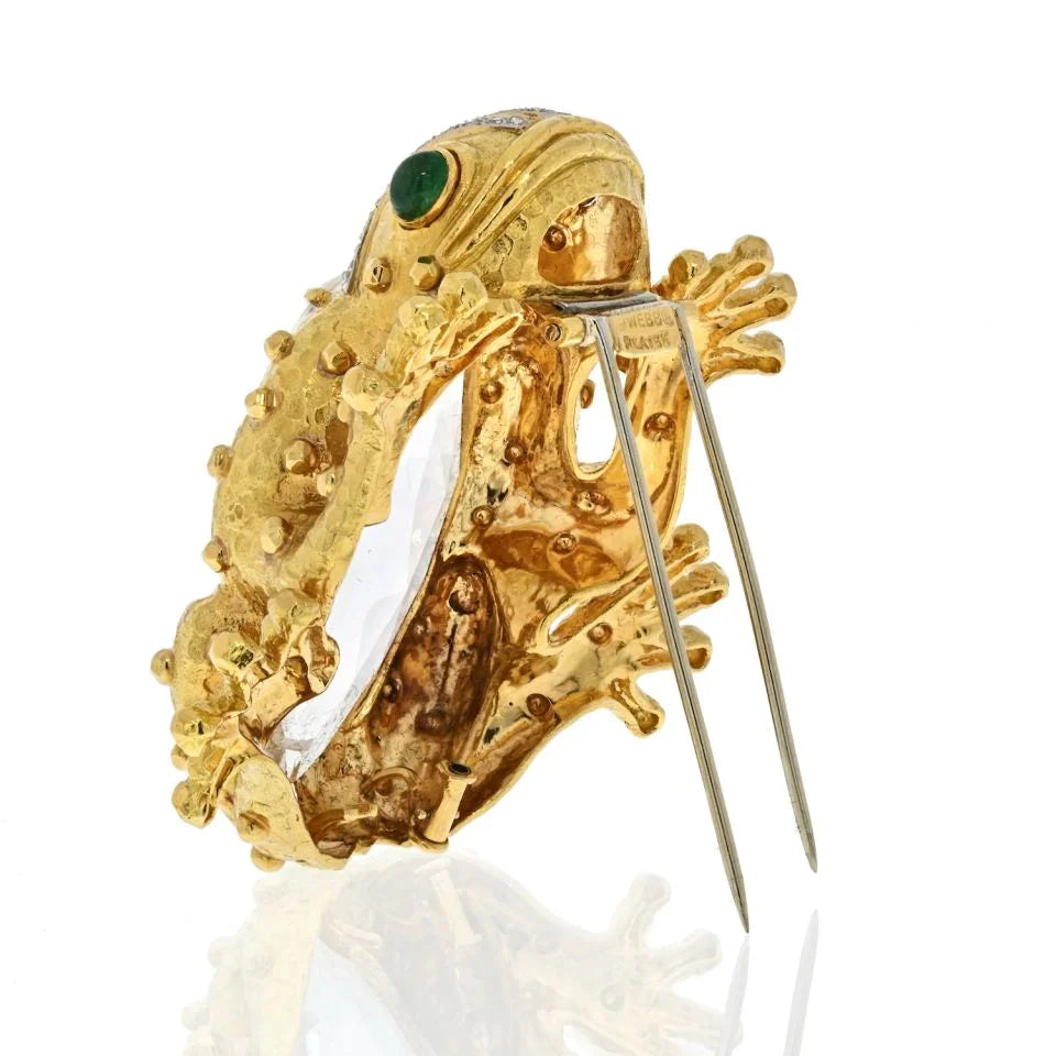 David Webb Platinum & 18K Yellow Gold Rock Crystal Diamond Frog Brooch — view 3 — Laura Milman New York