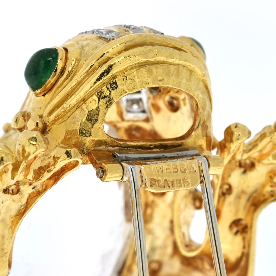 David Webb Platinum & 18K Yellow Gold Rock Crystal Diamond Frog Brooch — view 5 — Laura Milman New York